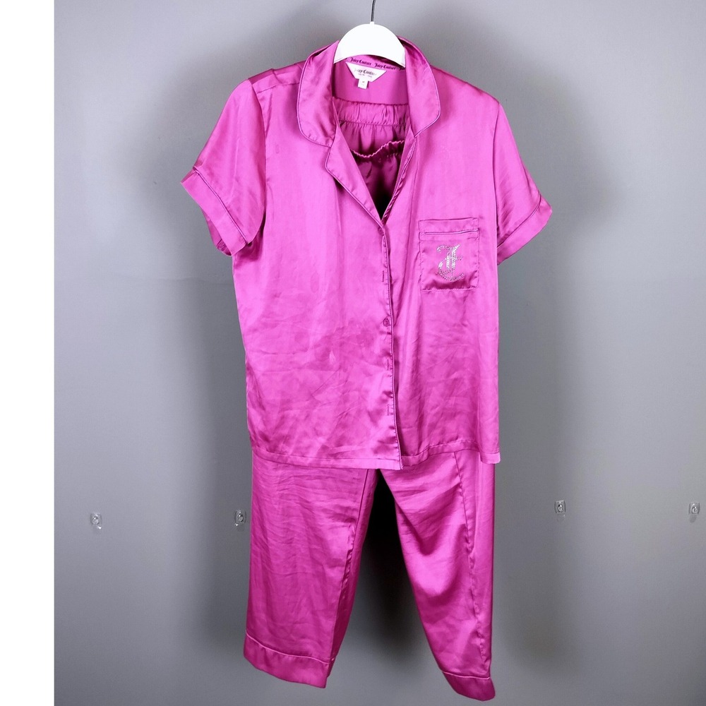 Vintage Juicy Couture Y2K Satin Rhinestone Logo Pajama Set Pink Lounge Pants